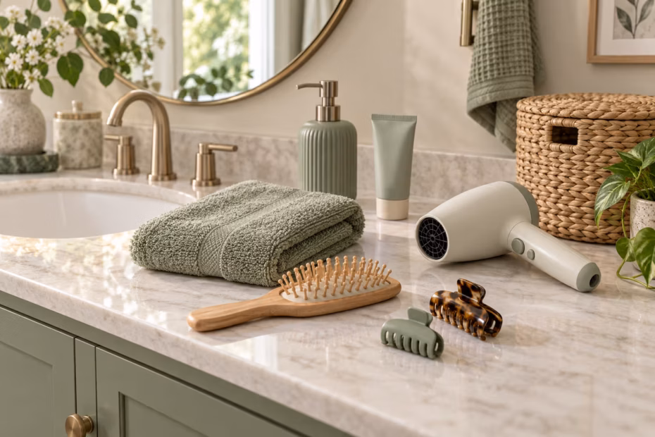 Hairbrush, hand towel, hair dryer, hair clips, soap dispenser and hamper arranged on a bathroom vanity