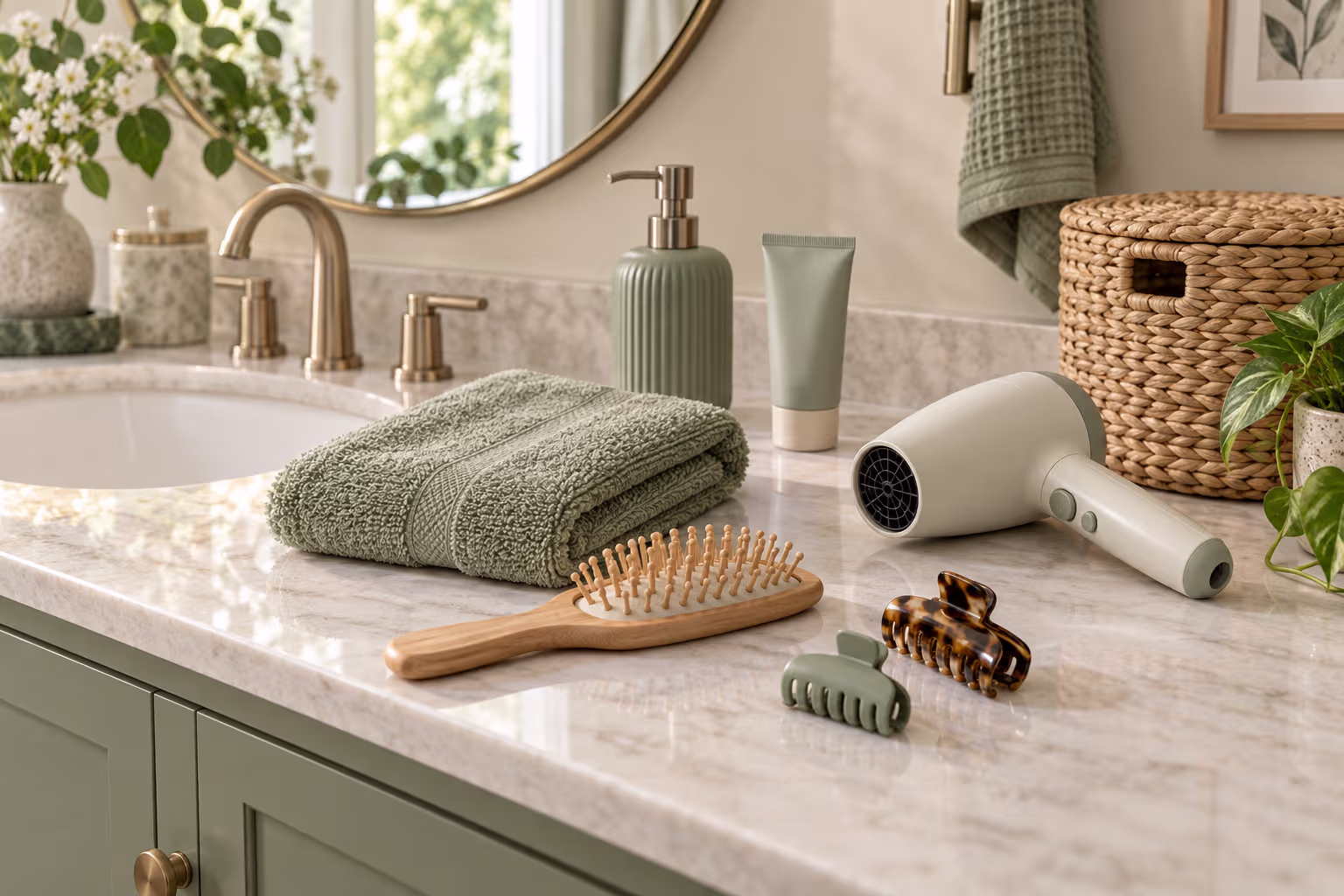 Hairbrush, hand towel, hair dryer, hair clips, soap dispenser and hamper arranged on a bathroom vanity