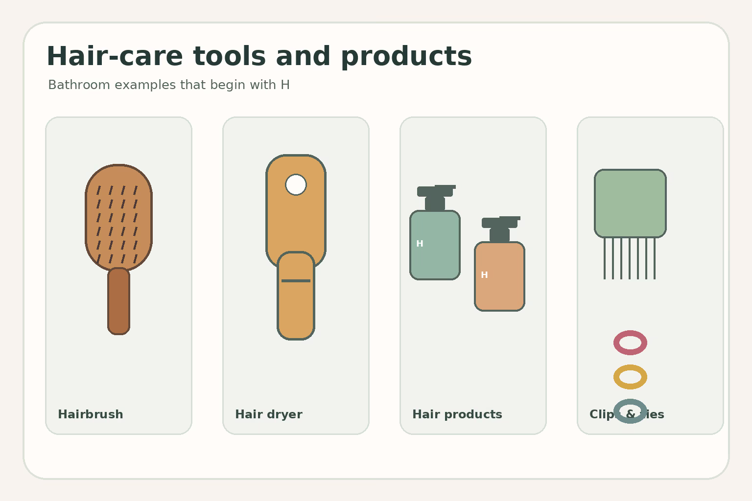 Illustrated examples of bathroom hair-care items: hairbrush, hair dryer, hair products, clips and ties