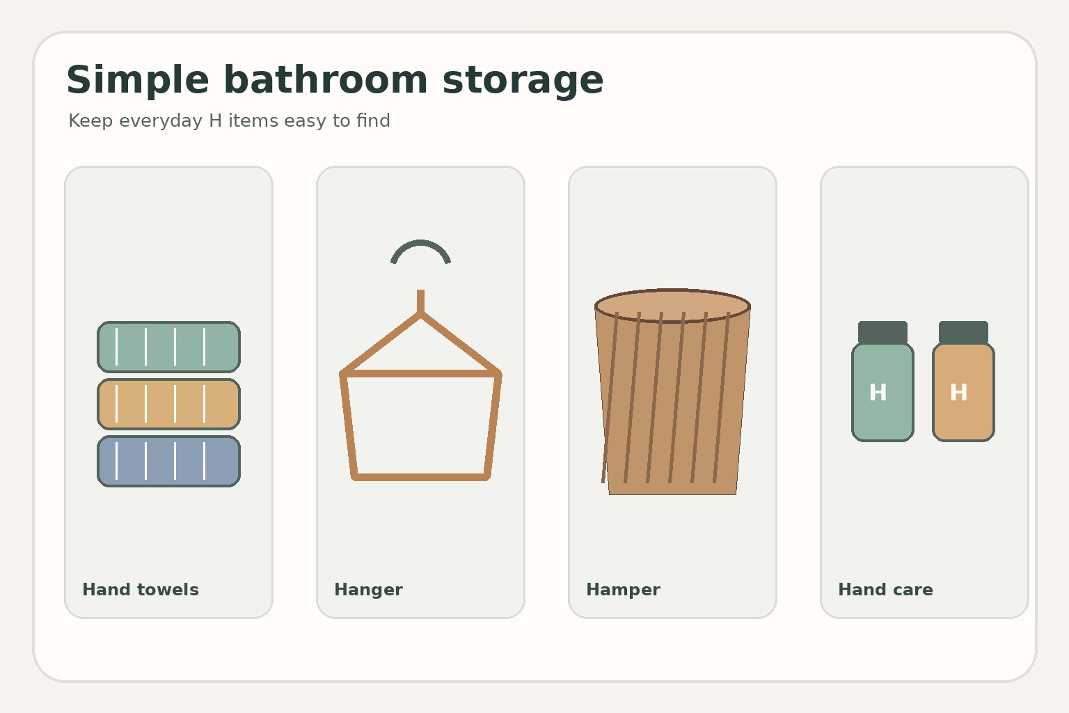 Illustrated hand towels, a hanger, hamper and hand-care bottles in a bathroom storage guide