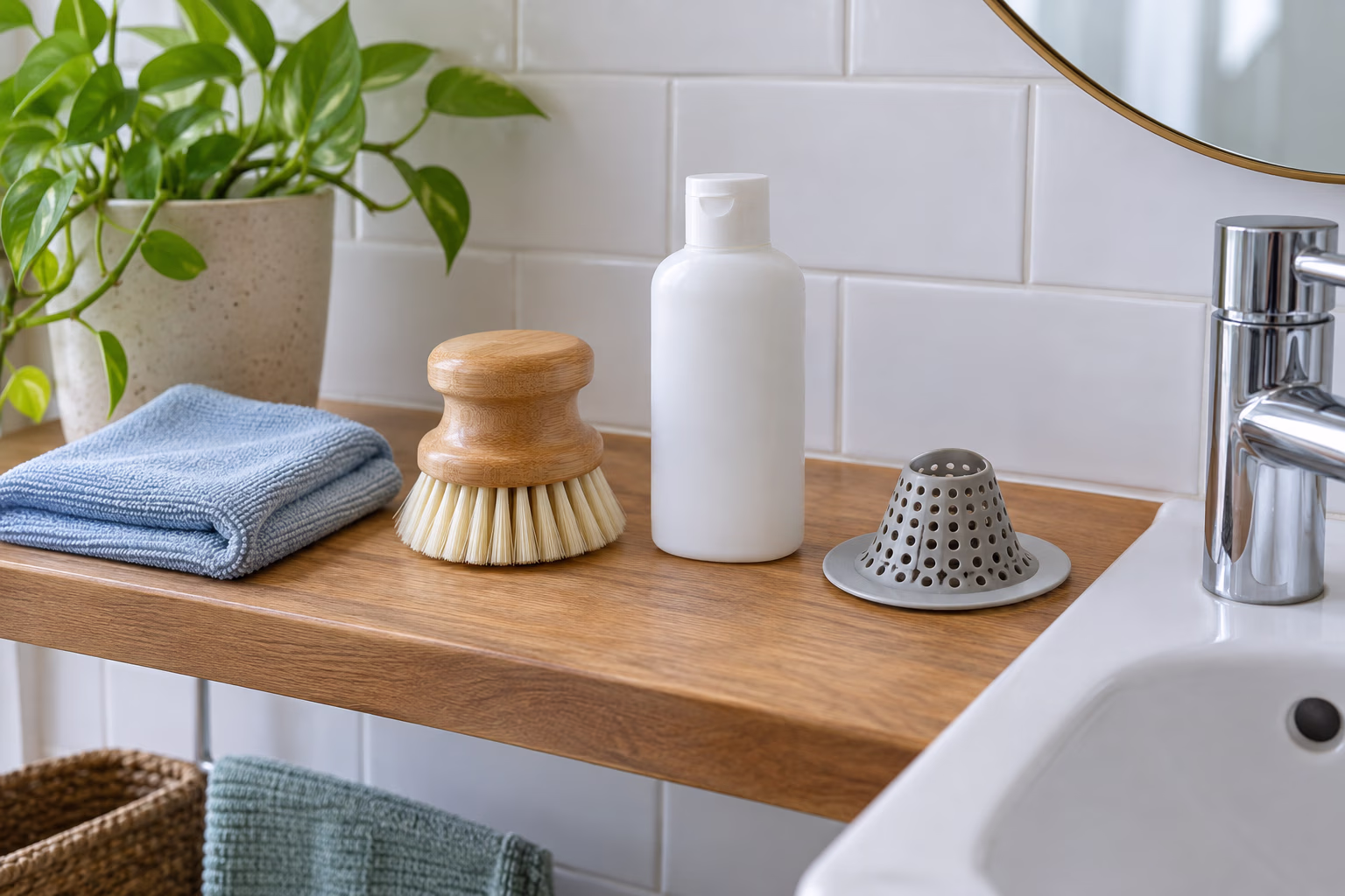 A bathroom shelf holds a folded cloth, scrub brush, plain cleanser bottle, and sink