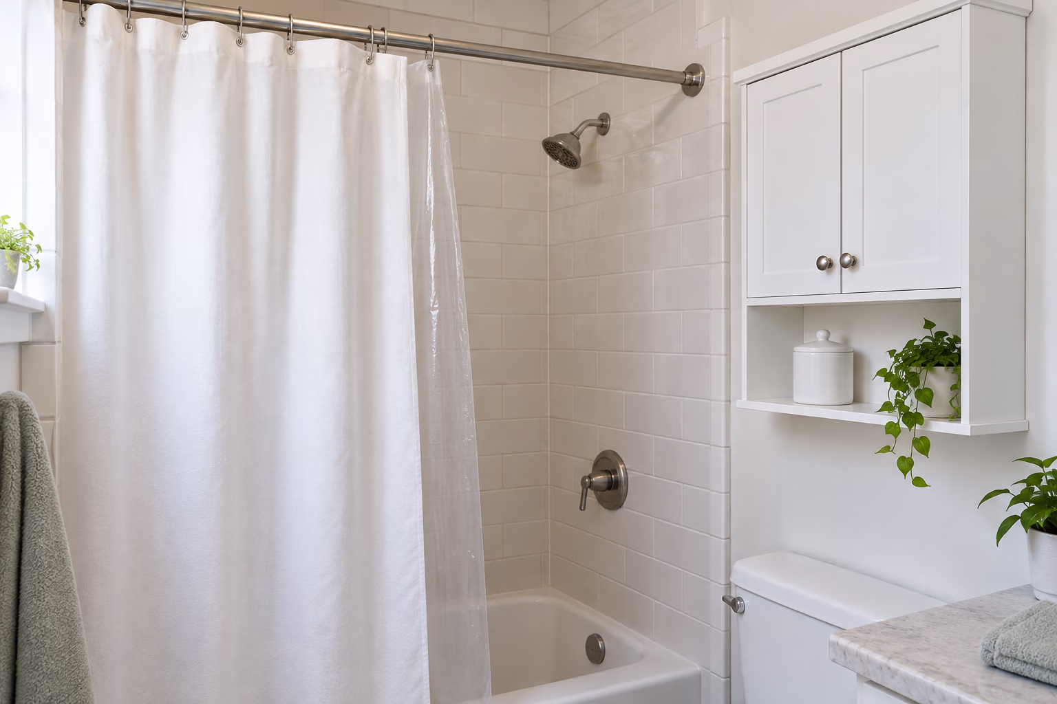 A bathroom shower curtain and rod beside a wall cabinet and canister