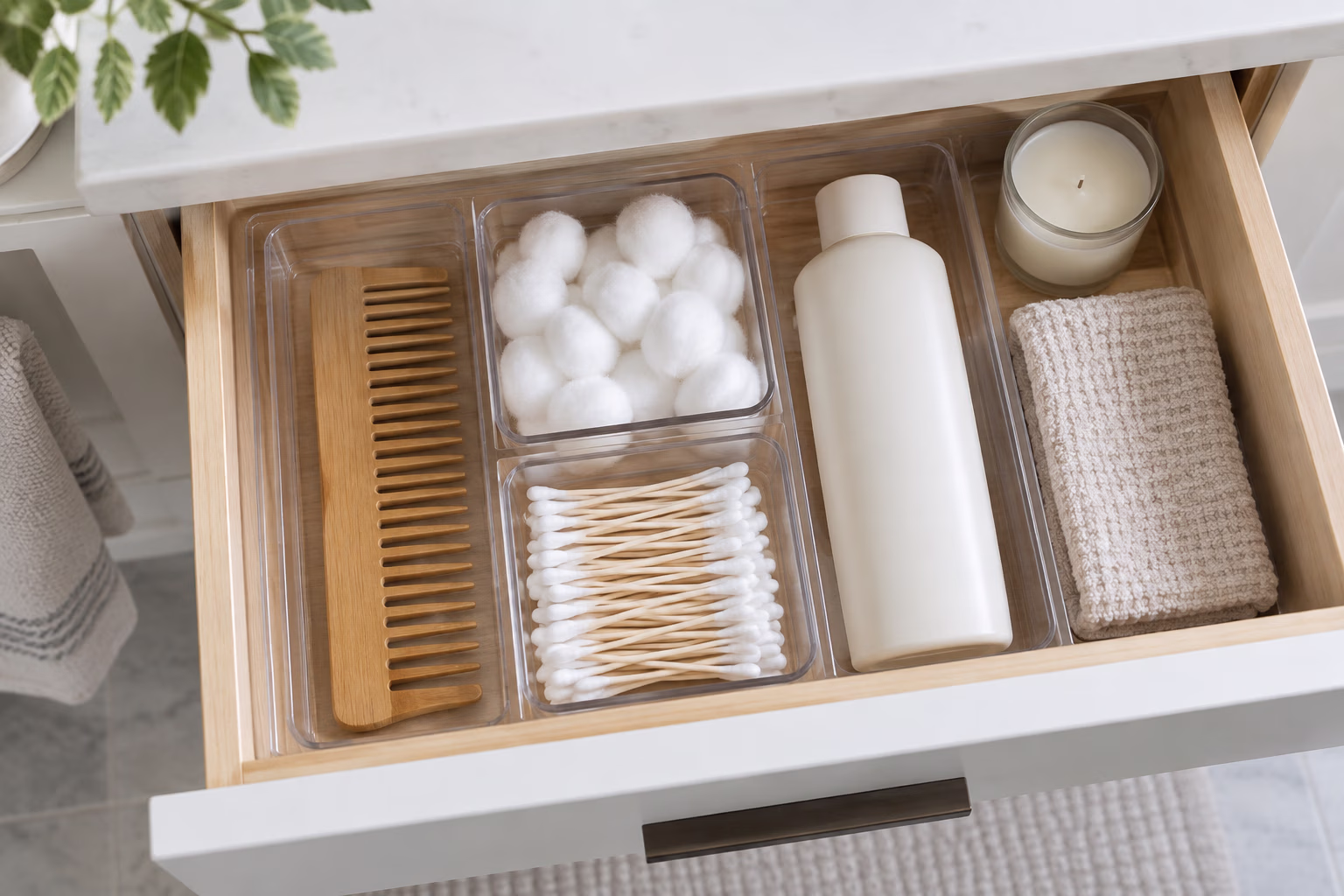 A bathroom drawer holds a comb, cotton balls, cotton swabs, a conditioner bottle, and a candle