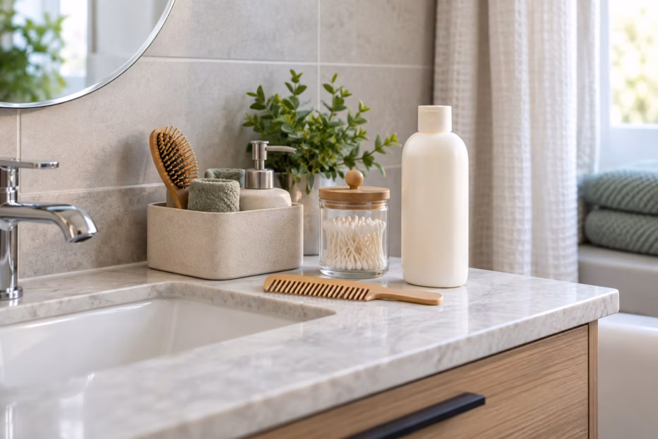 Bathroom vanity with a caddy, comb, cotton swabs, and an unlabelled conditioner bottle