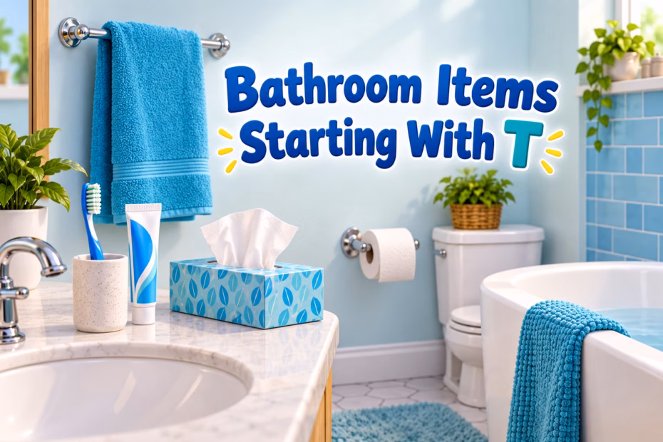 A bright bathroom contains a towel, toothbrush, toothpaste, tissue box, toilet paper, and tub, illustrating items beginning with T.