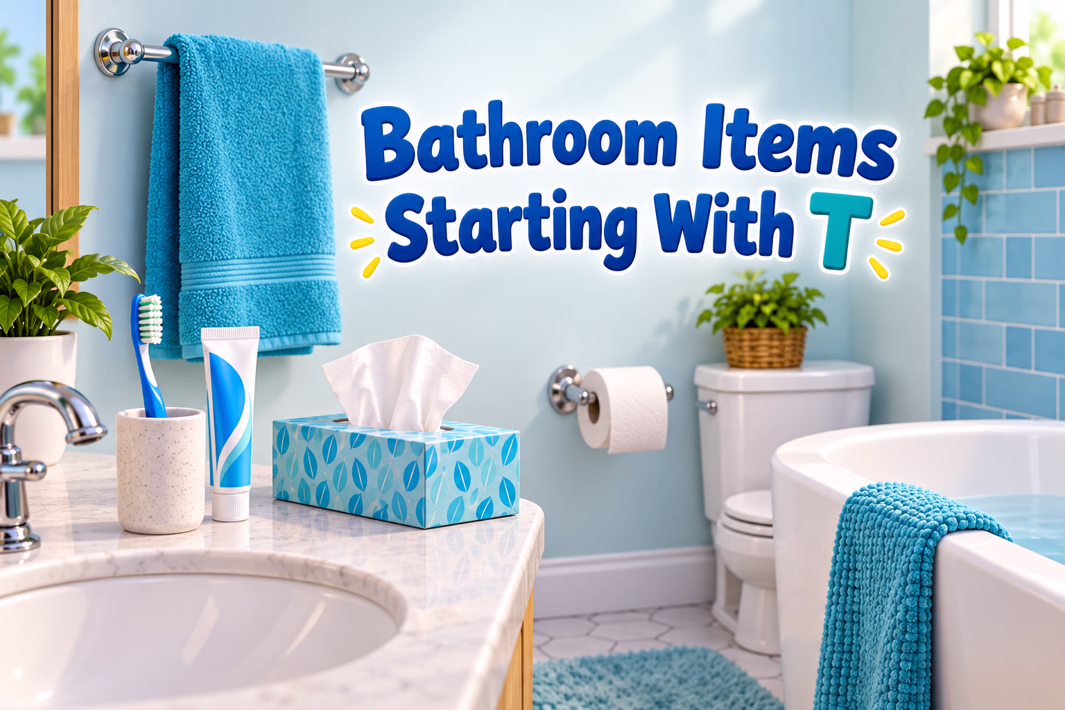 A bright bathroom contains a towel, toothbrush, toothpaste, tissue box, toilet paper, and tub, illustrating items beginning with T.