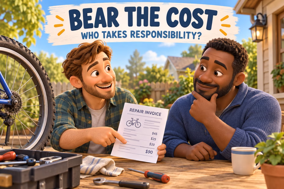 3D cartoon illustration of two neighbors reviewing a bicycle repair invoice, showing who bears the cost