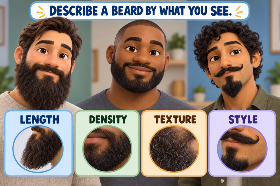 Three portraits show different beard styles with labels for length, density, texture, and style.