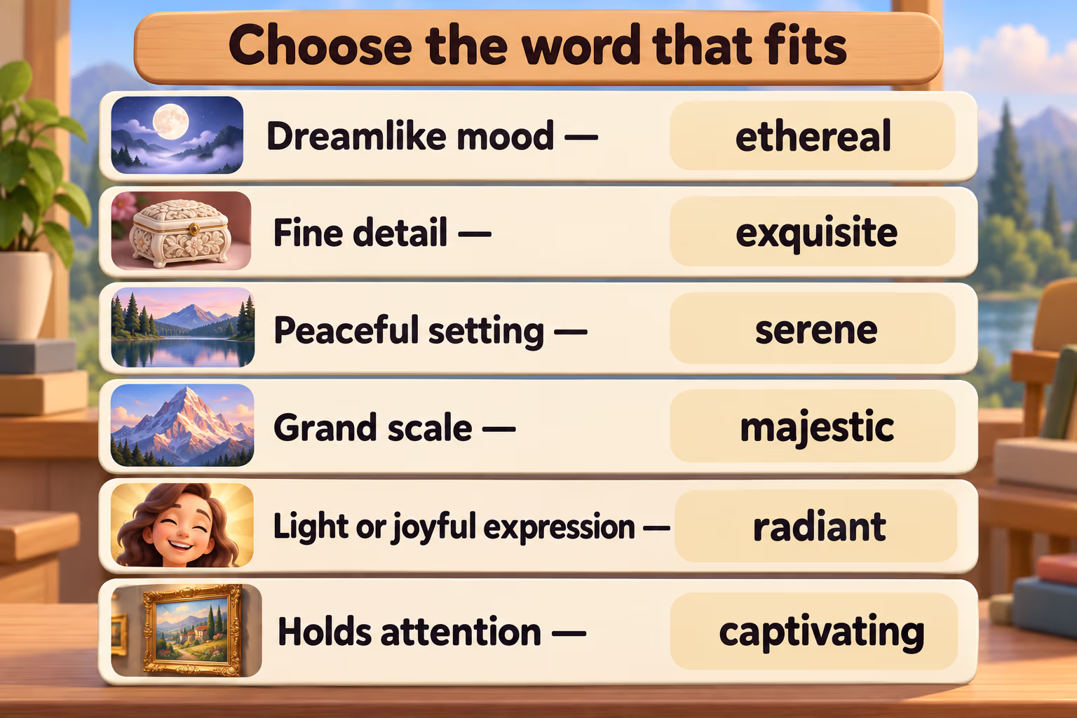 Infographic matching ethereal with a dreamlike mood, exquisite with fine detail, serene with calm, majestic with grandeur, radiant with light or joy, and captivating with sustained interest.