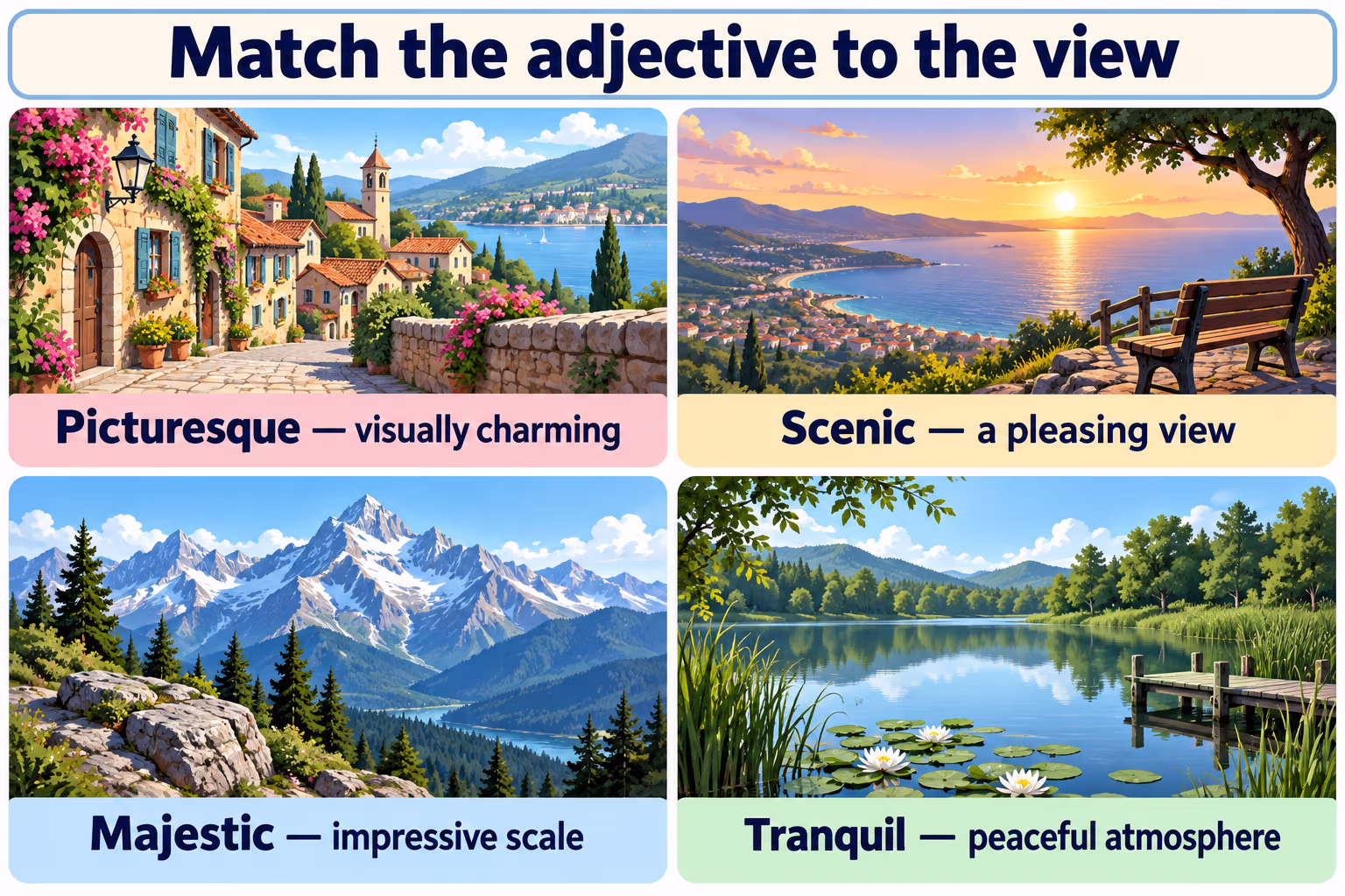 Illustrated guide matching picturesque with visual charm, scenic with a pleasing view, majestic with scale, and tranquil with a peaceful atmosphere.