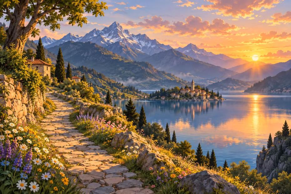Illustrated mountain lake at sunset with a stone path, wildflowers, and a lakeside village.