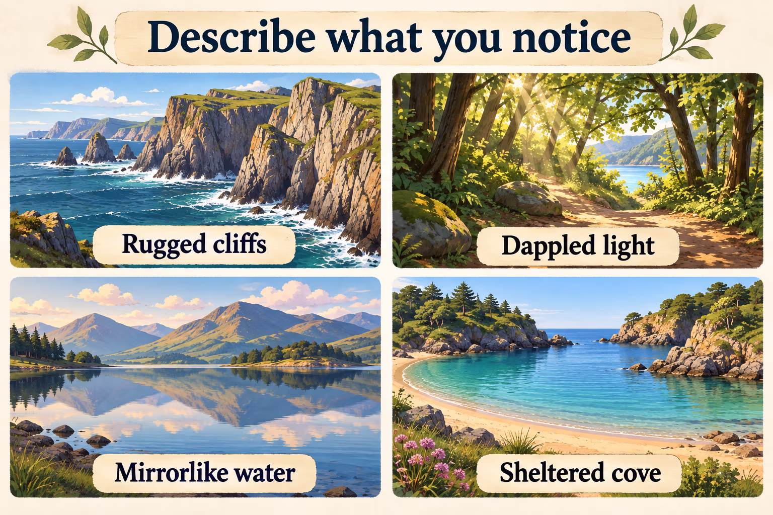 Illustrated vocabulary examples of rugged cliffs, dappled light, mirrorlike water, and a sheltered cove.
