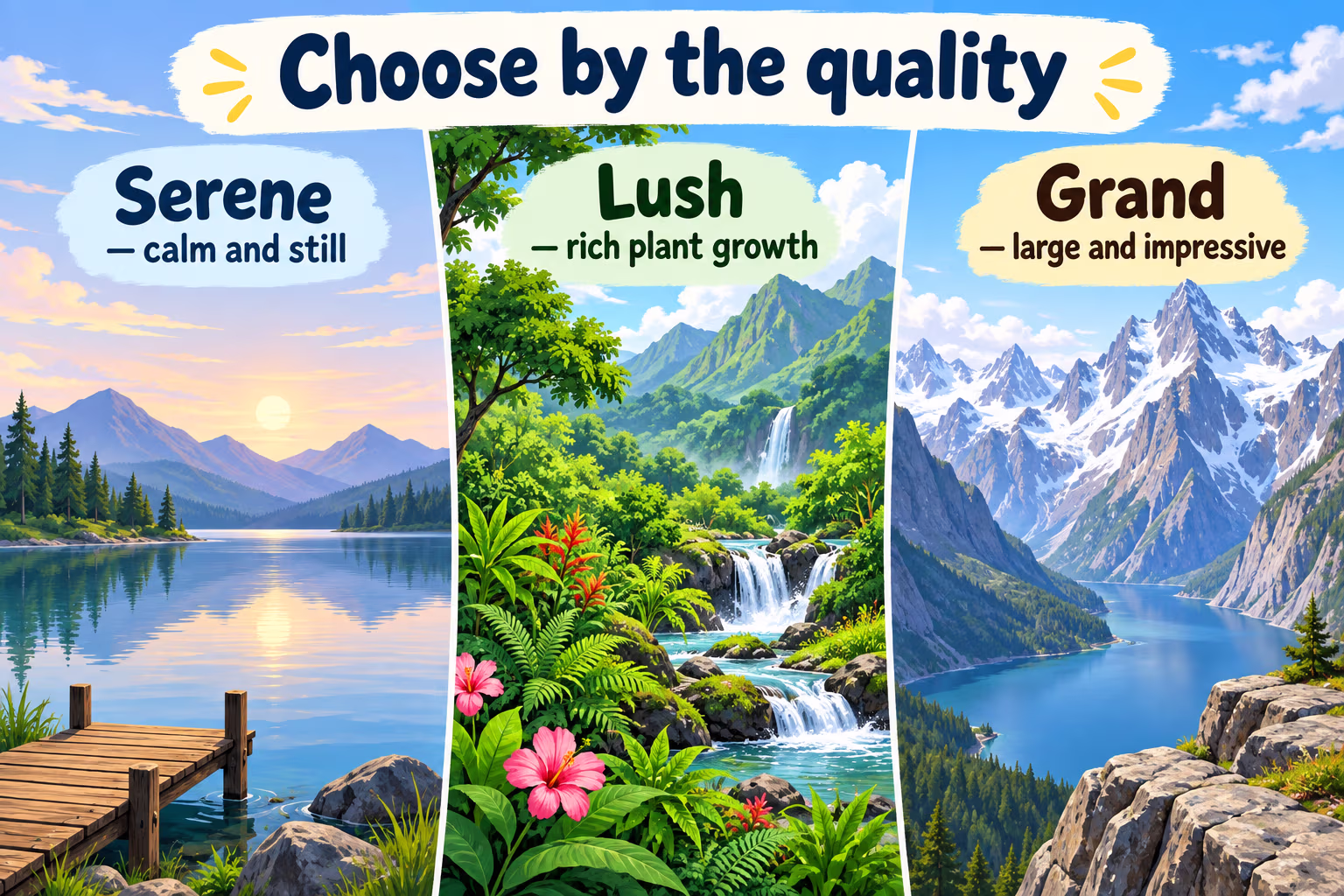 Illustrated comparison showing serene as calm and still, lush as rich plant growth, and grand as large and impressive.