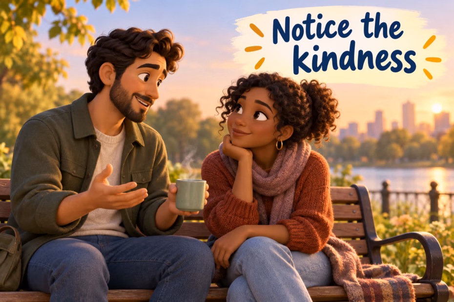 Two friends share a warm conversation on a park bench as one offers the other a cup; the label reads Notice the kindness.