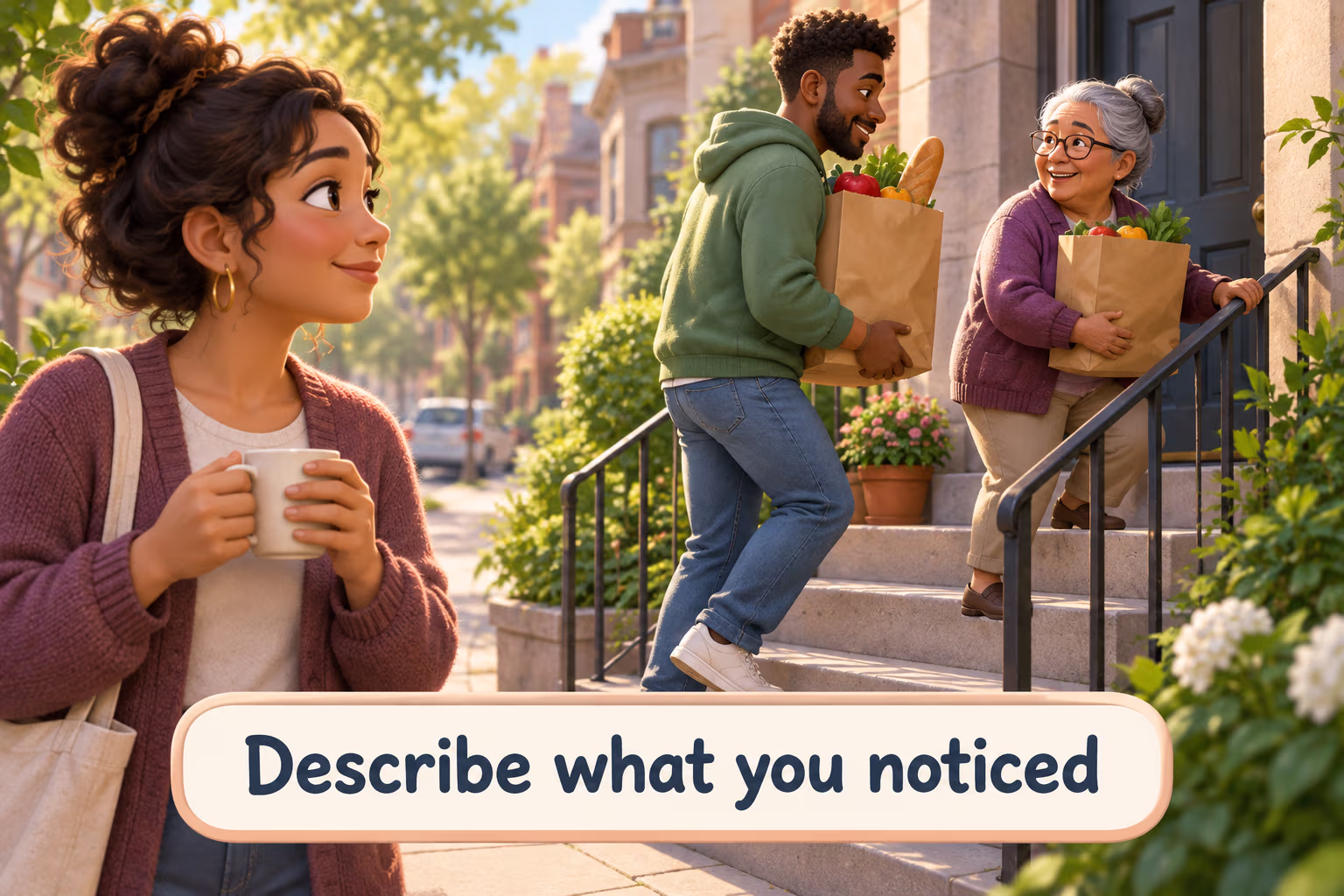 A person notices a friend helping a neighbor with groceries; the label reads Describe what you noticed.