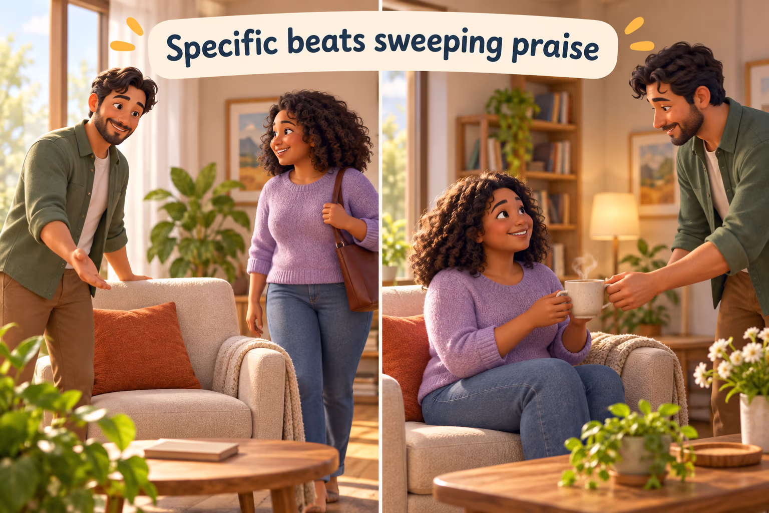 Friends share two considerate gestures, making space and offering tea; the label reads Specific beats sweeping praise.