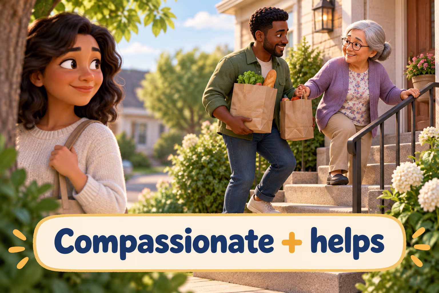 A neighbor receives help carrying groceries upstairs; the label reads Compassionate + helps.