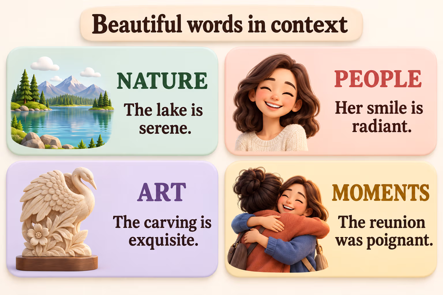 Four example sentences show serene describing a lake, radiant a smile, exquisite a carving, and poignant a reunion.