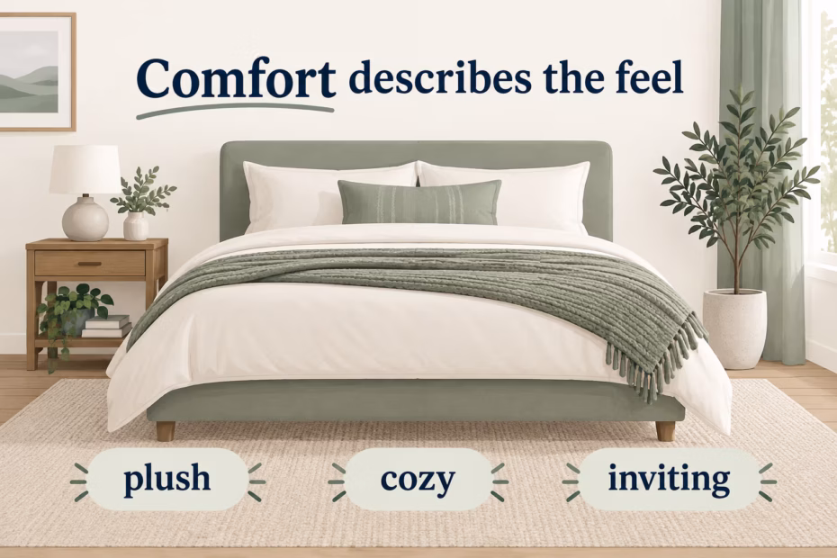 A neatly made bed is labeled plush, cozy, and inviting to show adjectives that describe its feel.