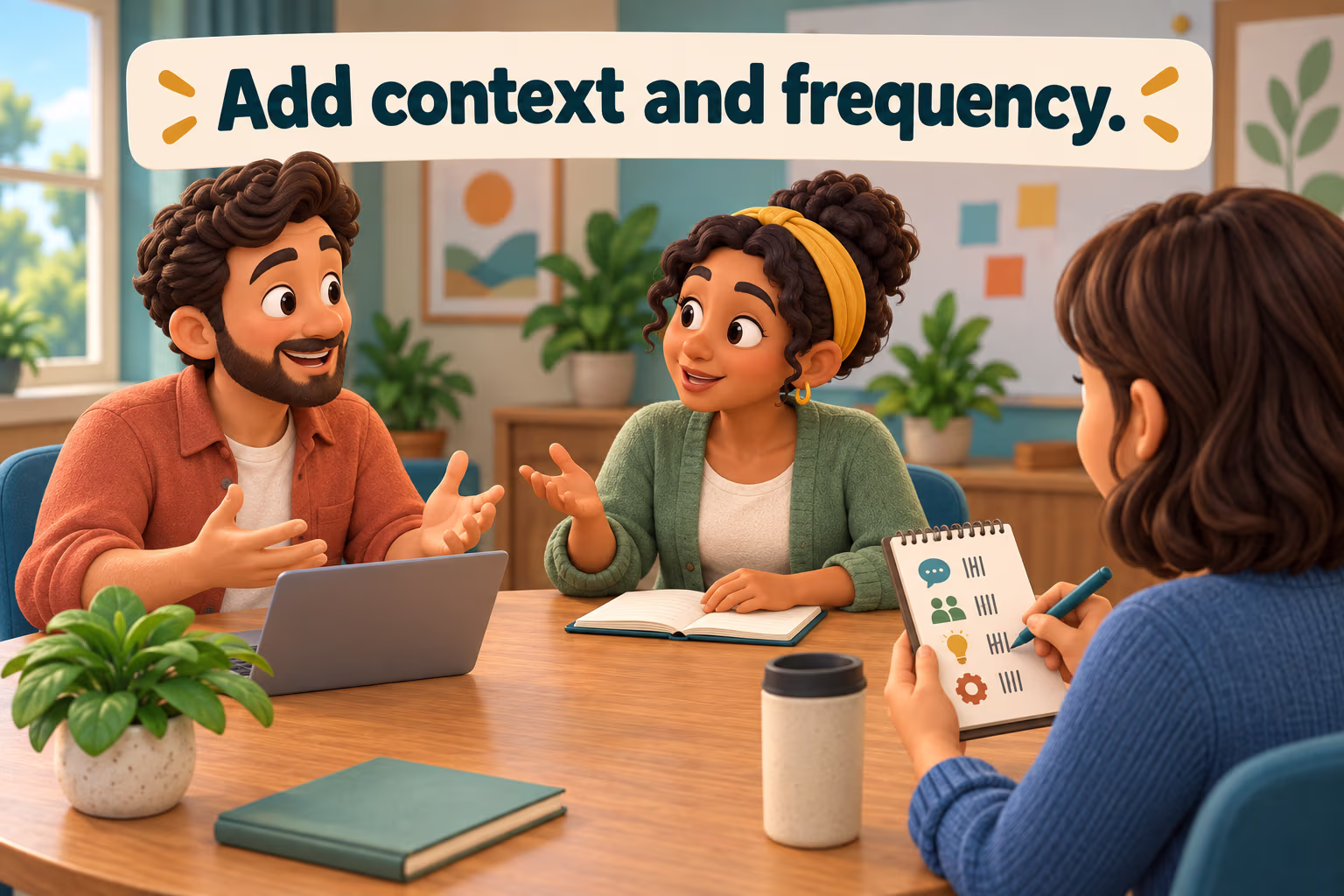 Cartoon colleagues in a meeting with an observer tracking the situation under the banner “Add context and frequency.”