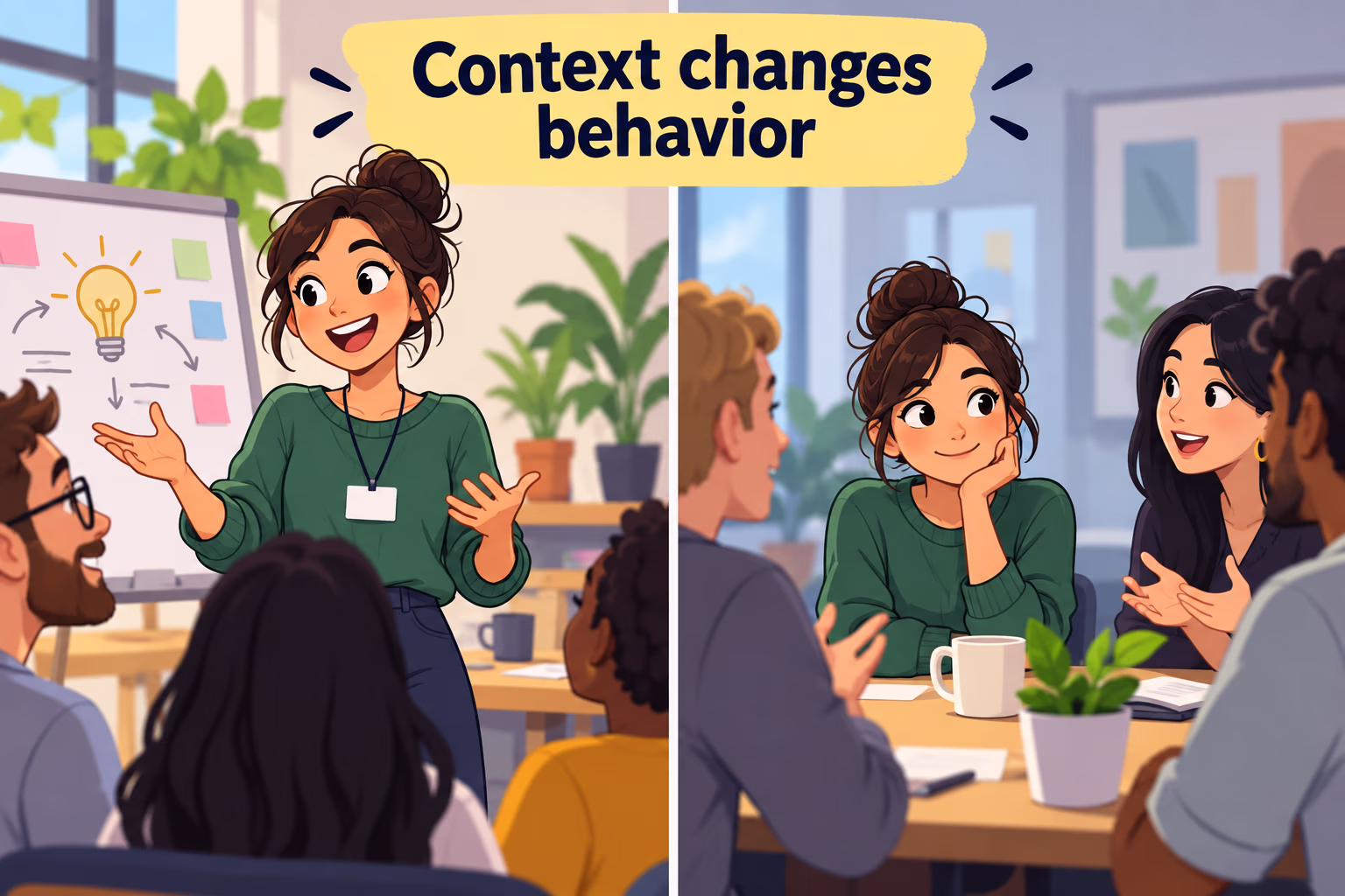 A person presents in a familiar workshop and quietly observes in a new group, illustrating how behavior can vary by context.