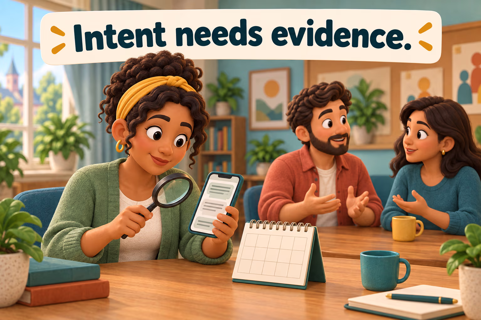 Cartoon observer reviewing a message and calendar under the banner “Intent needs evidence.”