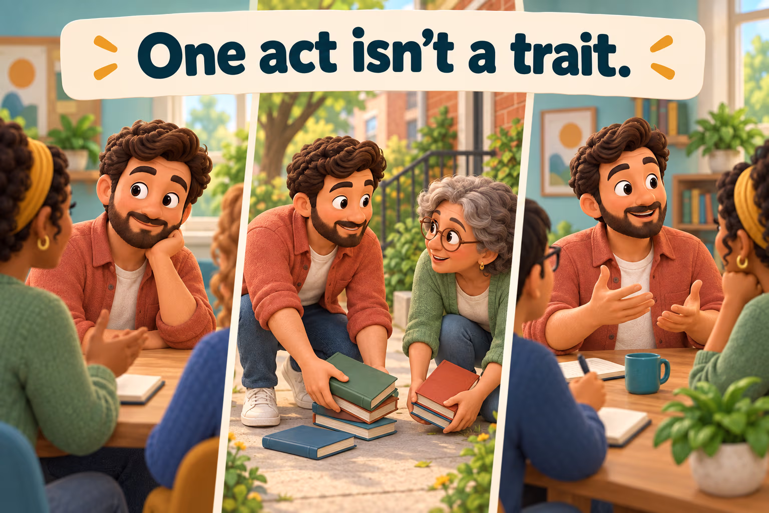 Three cartoon scenes of one person listening, helping with books, and sharing an idea beneath the banner “One act isn’t a trait.”