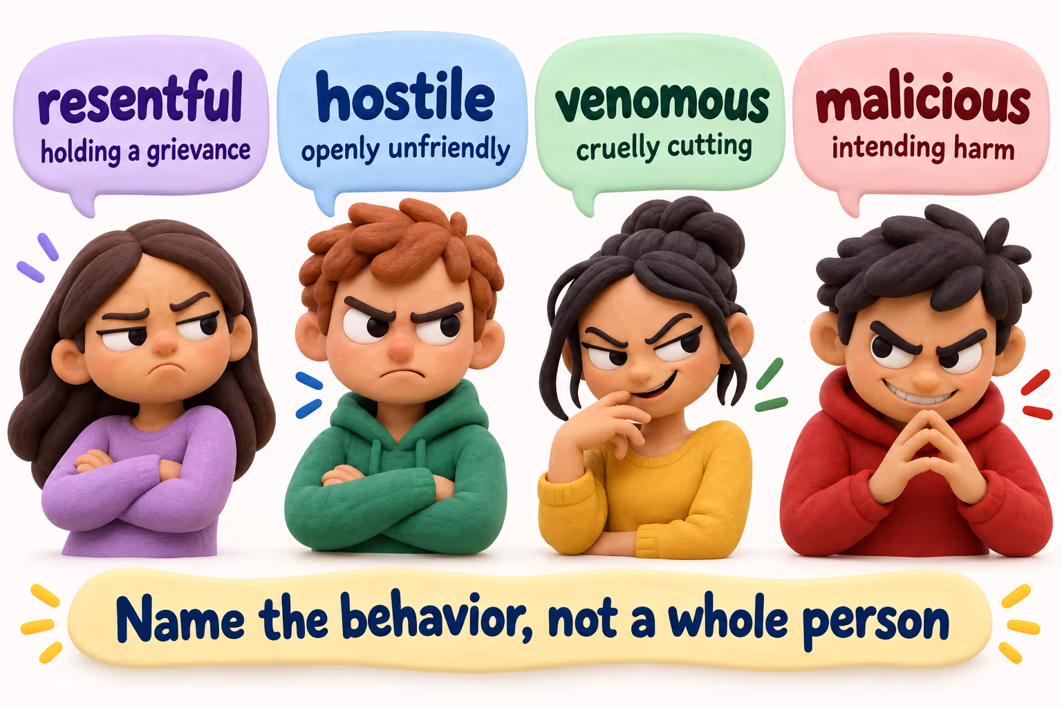 Resentful, hostile, venomous, and malicious describe different attitudes or behaviors.