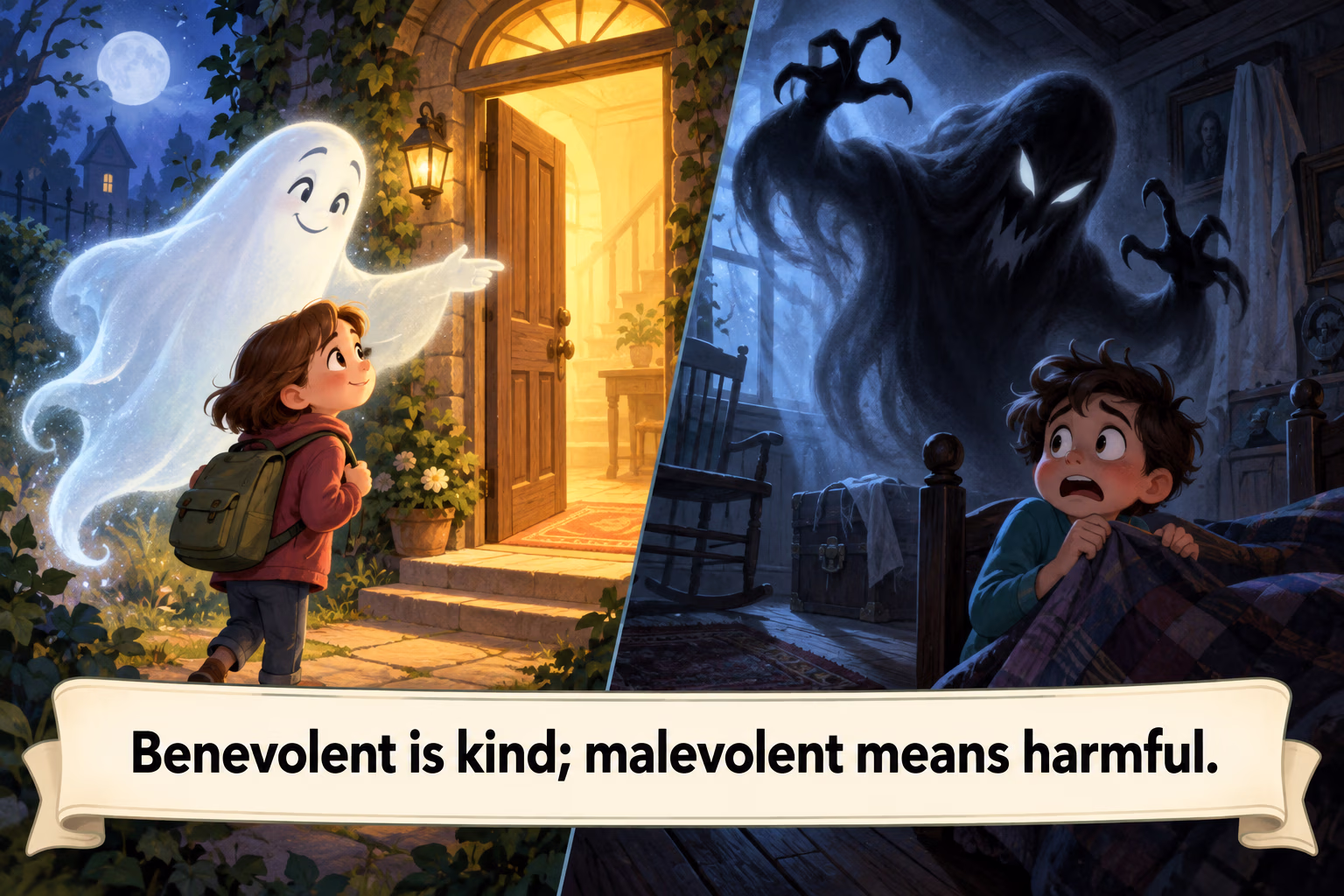 A split storybook scene contrasts a helpful friendly ghost with a shadowy threatening ghost.