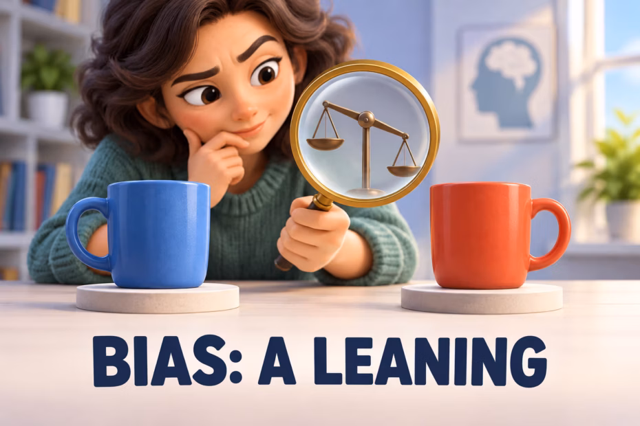 A person compares two options on a slightly tipped balance scale beneath the words Bias: A Leaning.