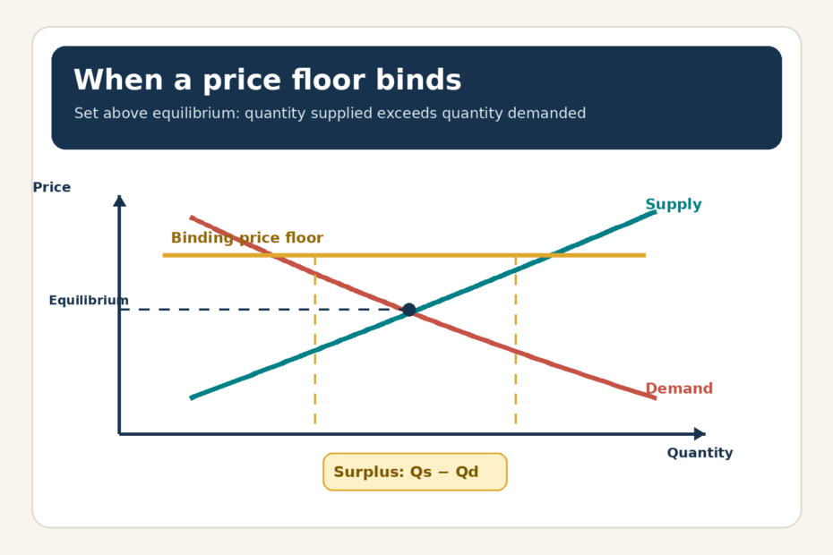 Binding price floor above equilibrium with quantity supplied greater than quantity demanded