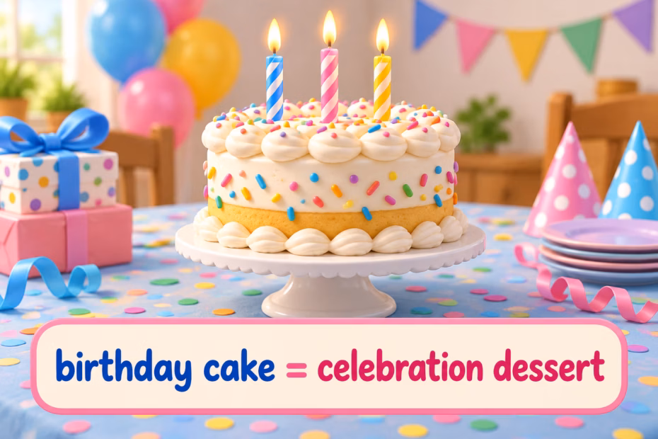 A colorful frosted birthday cake with candles, illustrating the phrase birthday cake.