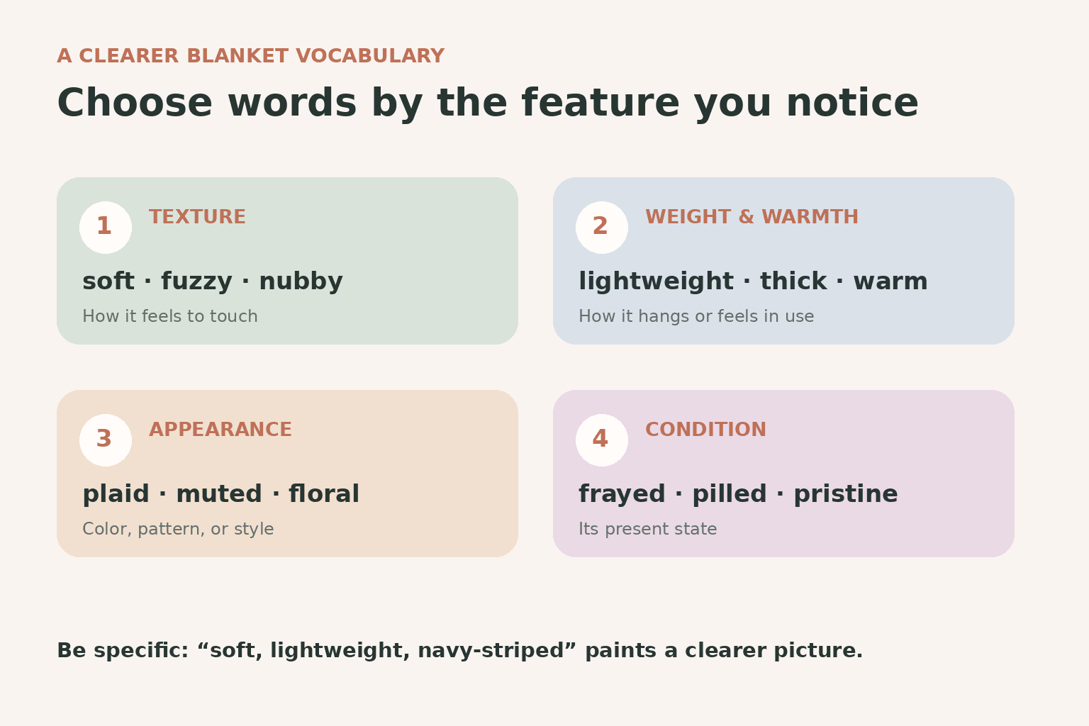 Blanket adjective categories: texture, weight and warmth, appearance, and condition.