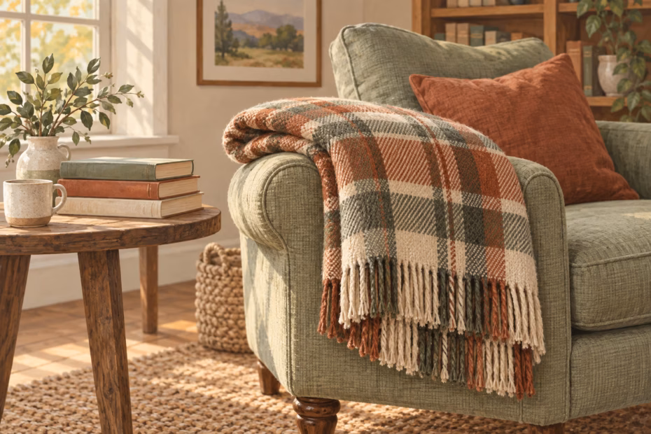A folded woven plaid blanket draped over a reading chair beside books in warm daylight.