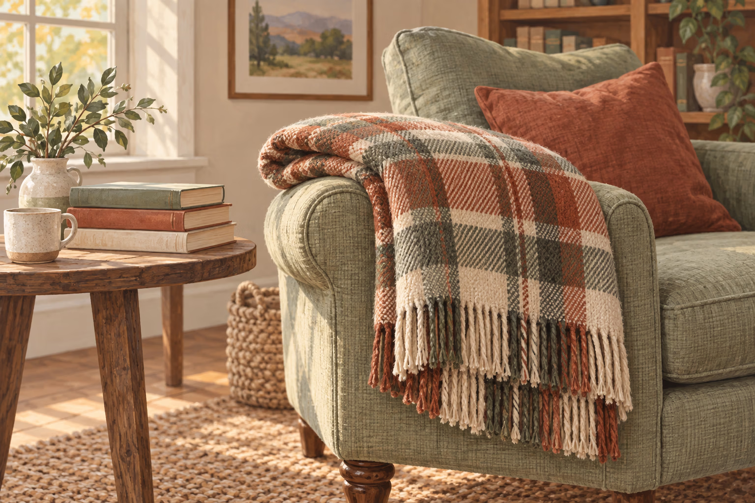 A folded woven plaid blanket draped over a reading chair beside books in warm daylight.