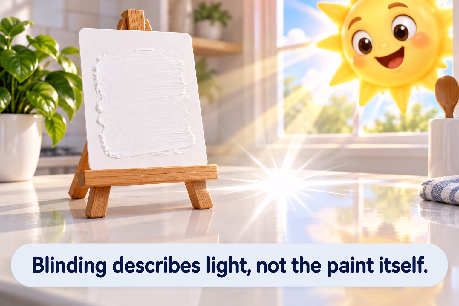 Blinding describes light, not the paint itself. Cartoon sun rays reflect from a white paint sample.