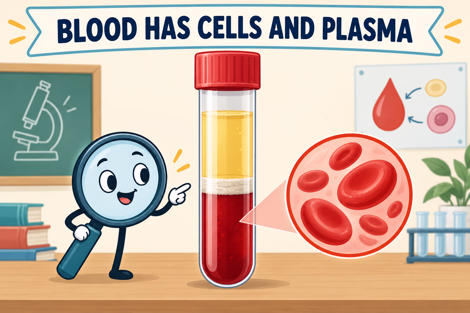 A sealed educational tube shows plasma above a thin buffy coat and a red blood cell layer.
