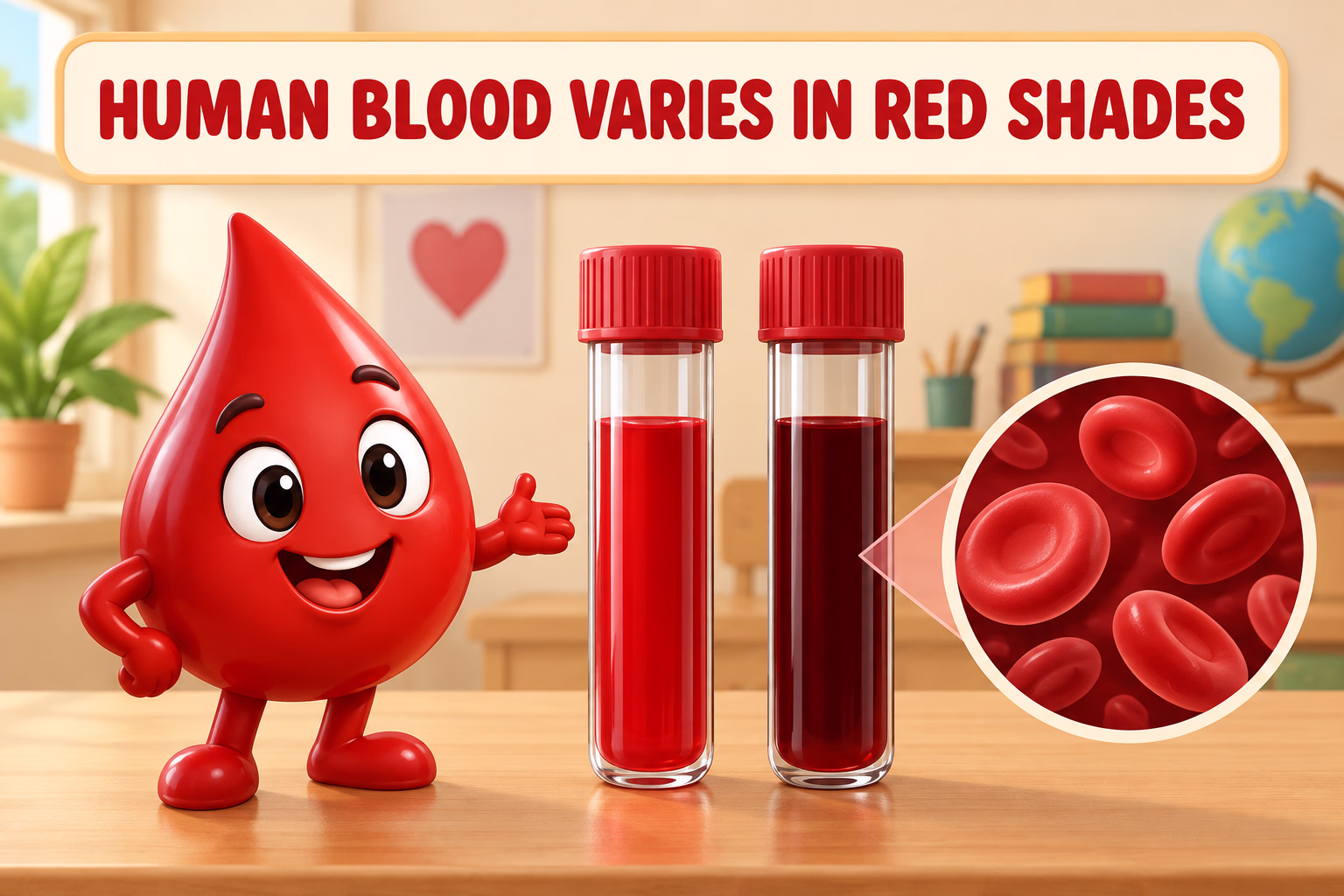 Two human blood samples, one bright red and one deep red, illustrate the label Human blood varies in red shades.