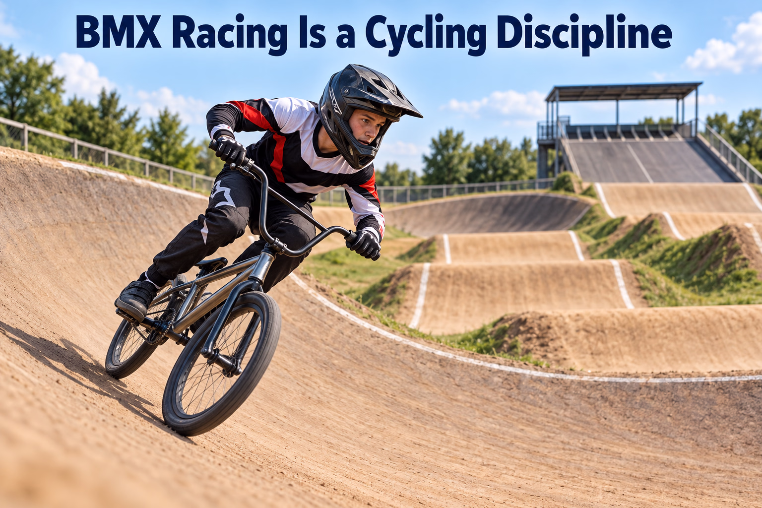 A BMX rider races over a dirt-track jump, illustrating BMX racing as a cycling discipline.