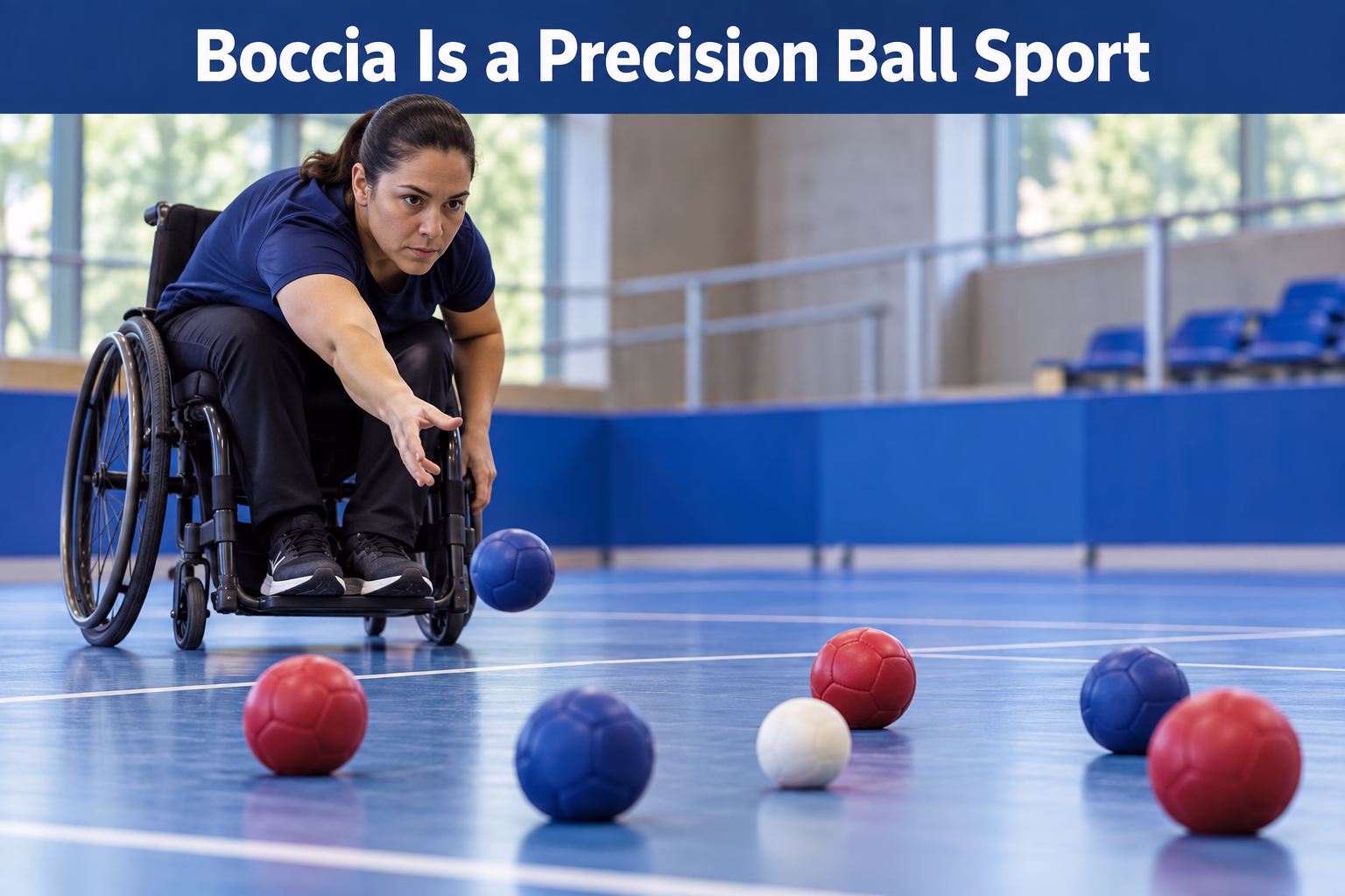 A boccia player aims red and blue balls toward a small white target ball on an indoor court.