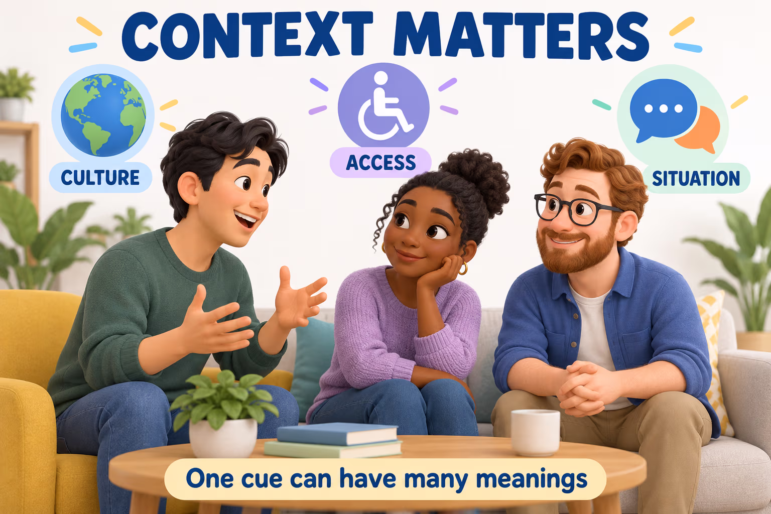 Illustration shows culture, access, and situation as context for body-language cues, with three adults engaging with a conversation in different ways