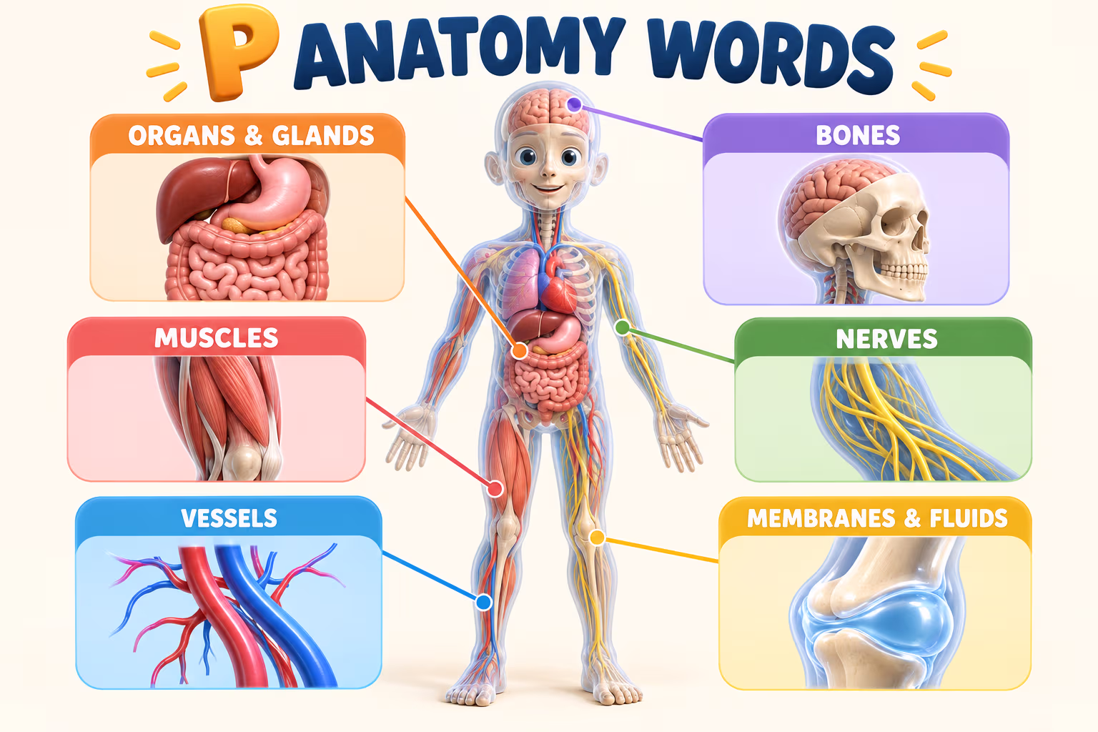 Infographic grouping P anatomy terms into organs and glands, bones, muscles, nerves, vessels, membranes, and fluids