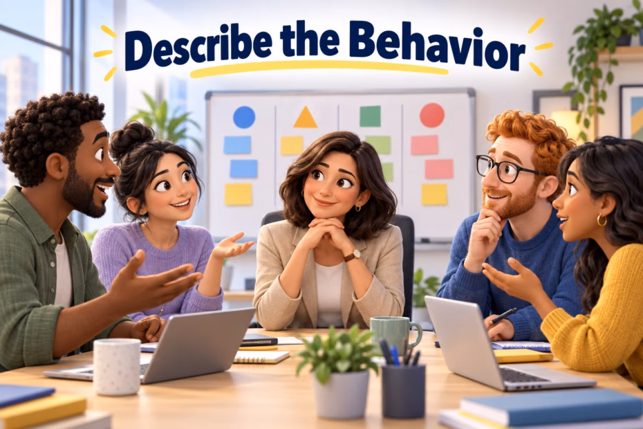 A manager listens to a diverse team discussing tasks, illustrating how to describe workplace behavior rather than label a person.