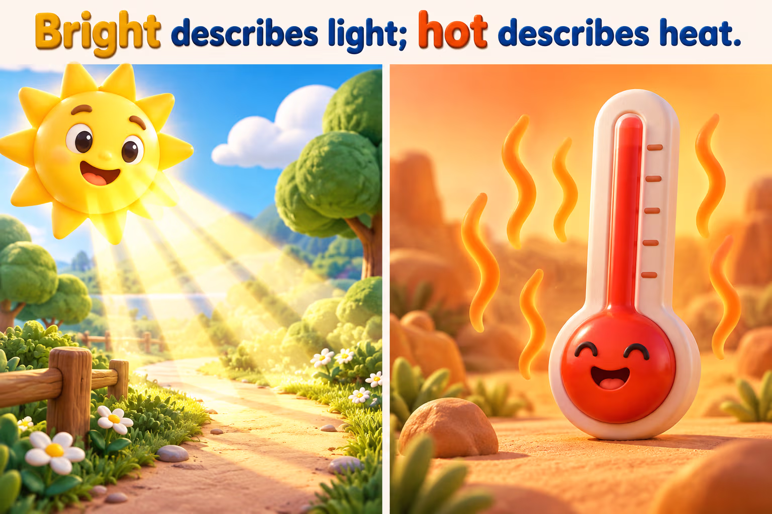 Cartoon comparison of bright sunlight and a hot thermometer. Bright describes light; hot describes heat.