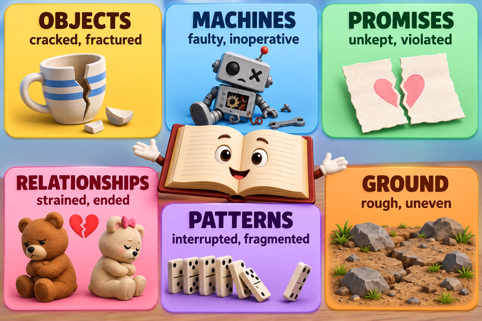 A context map of alternatives for broken: damaged objects, faulty devices, unkept promises, ended relationships, interrupted patterns, and rough ground.