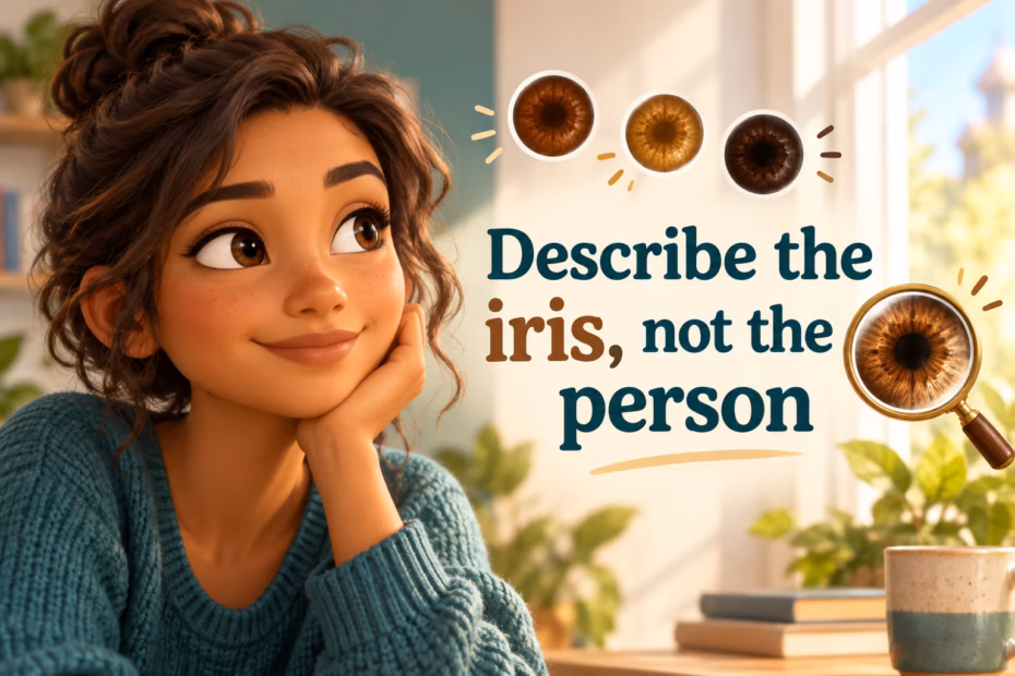 Playful portrait with the teaching point: Describe the iris, not the person.