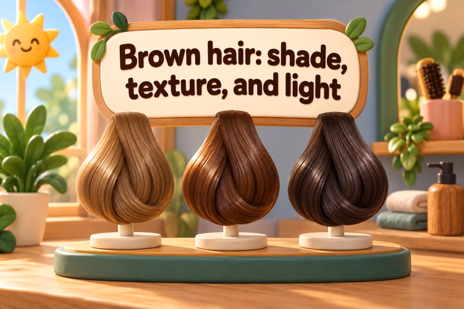 Three brown hair swatches in light, chestnut, and deep shades. Text: “Brown hair: shade, texture, and light.”