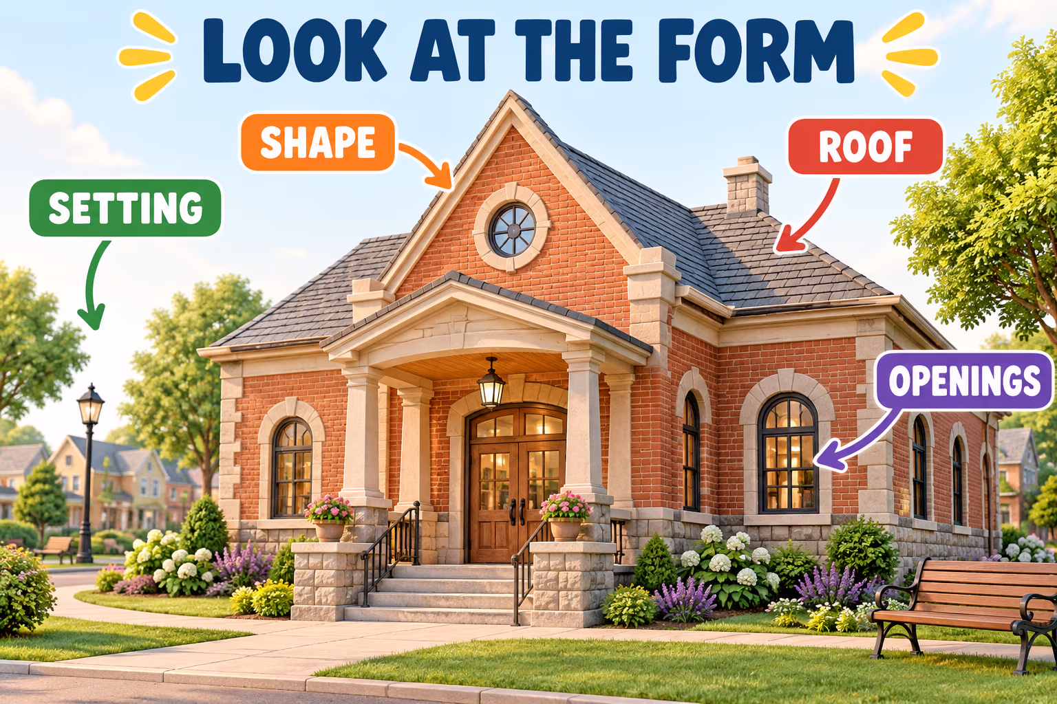 Illustrated building guide labels setting, shape, roof, and openings as visible features to describe