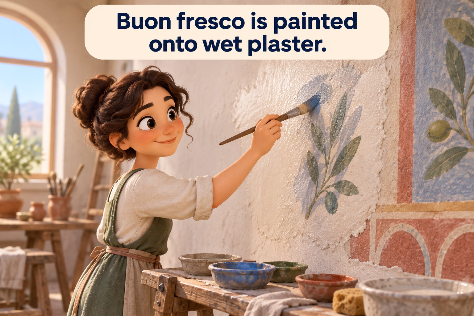 Cartoon illustration of an artist painting pigment onto fresh wet plaster for buon fresco