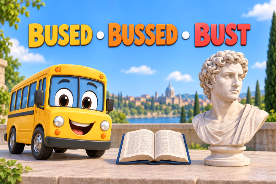 Cartoon yellow bus, open dictionary, and marble bust beneath the title Bused, Bussed, Bust.